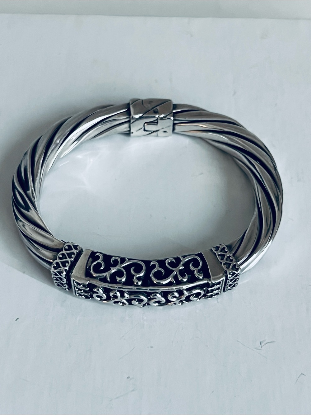 Sterling Silver-Tone Twisted Cable Bracelet with Filigree Bar